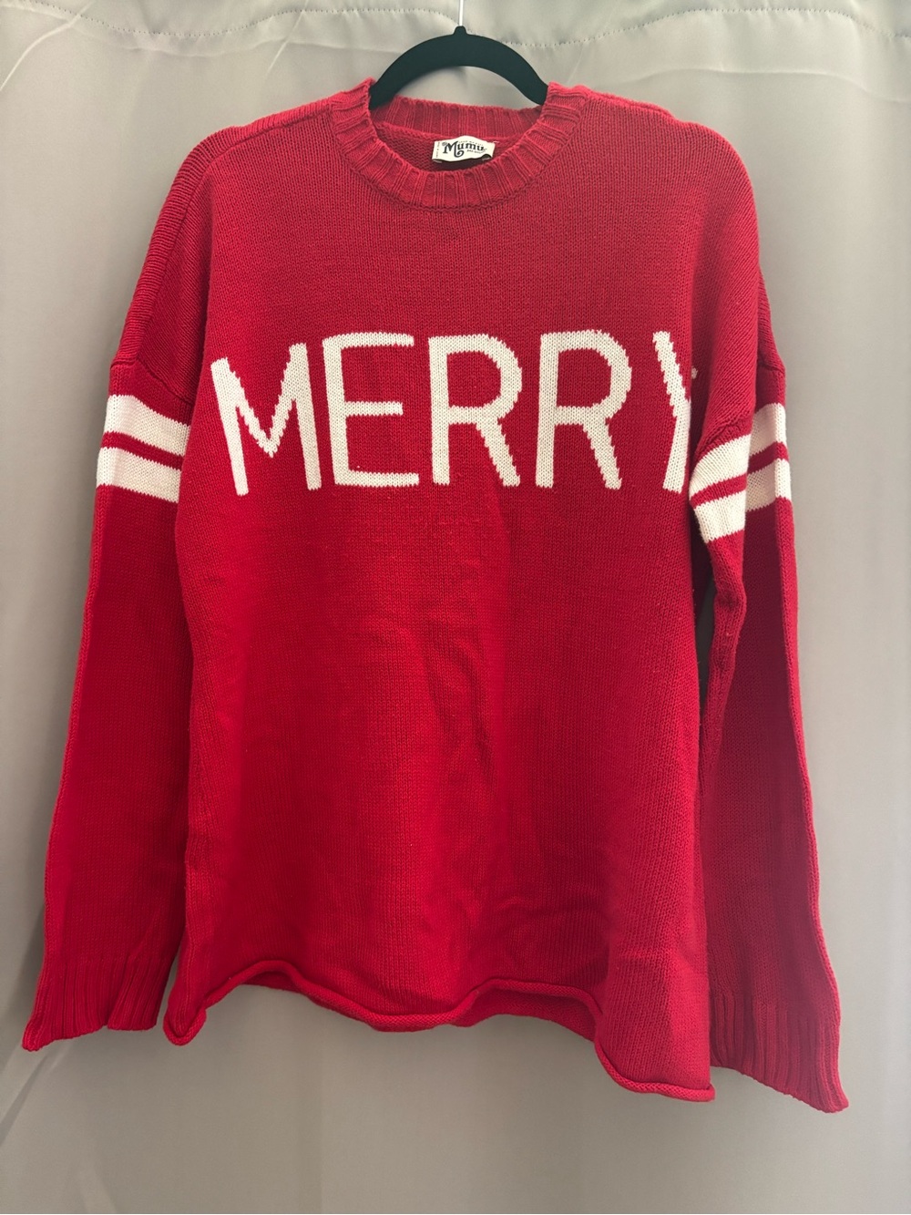 MERRY Red Holiday Sweater with White Stripes